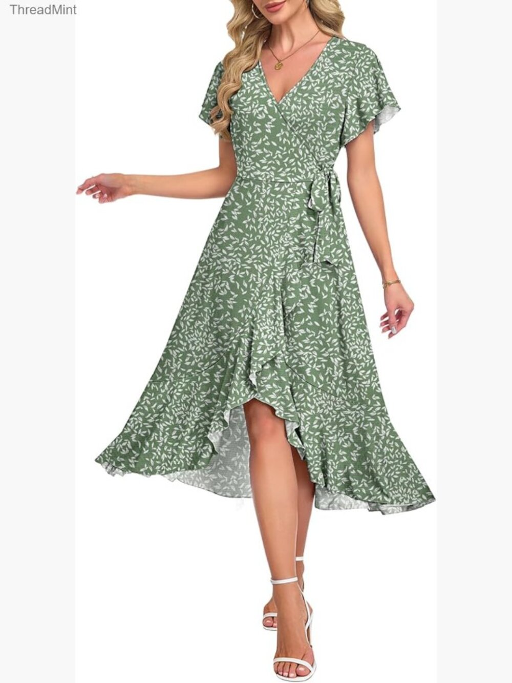 Women Summer Midi Wrap Dress Flutter Sleeve V-Neck Boho Slit Flowy Ruffle